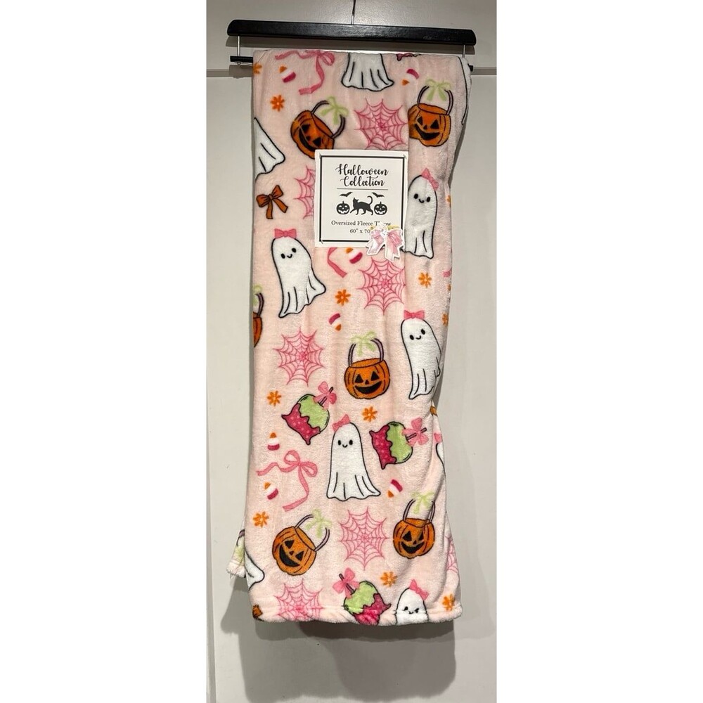 Halloween Collection Coquette Pink Bow Ghost Oversized Fleece Throw Blanket